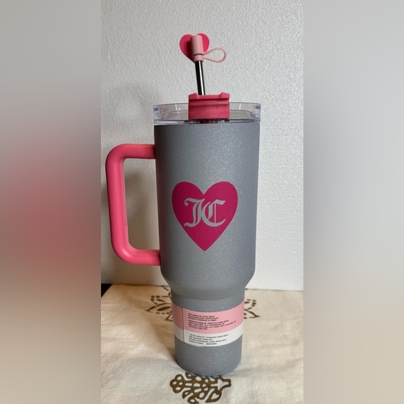 Juicy Couture Sparkly Glitter Gray & Hot Pink Tumbler with Straw Topper 40oz - Picture 2 of 5